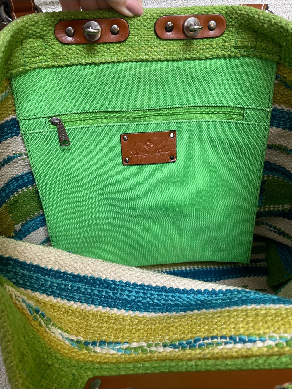 Woven Green & Blue Stripe Tote Bag with Leather Straps - Picture 8 of 15
